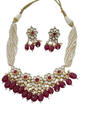 Pearl and Ruby-Red Kundan Necklace Set with Earrings